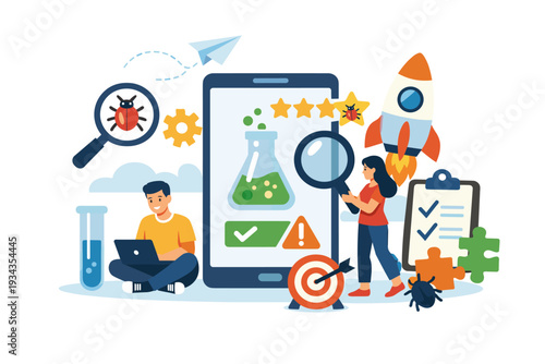 Software development team testing application for bugs and ensuring quality with modern tools