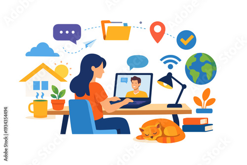 Woman working remotely on laptop with video call and cozy home office elements