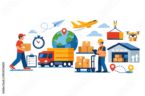 Global logistics and delivery services with trucks, planes, drones, and warehouses