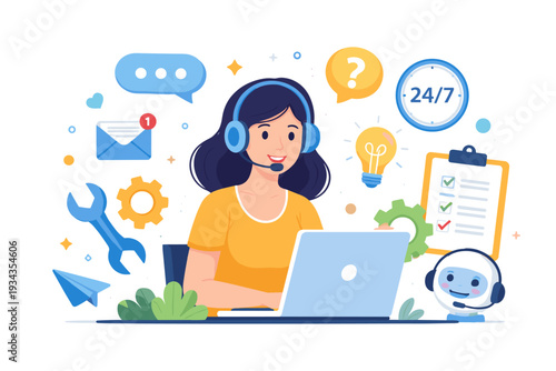 Customer service representative with headset and laptop, surrounded by support icons