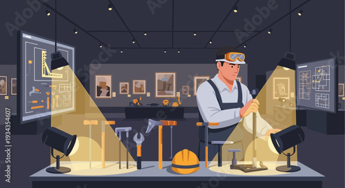 Man Wearing VR Headset Engaged in Virtual Reality Construction Simulation.