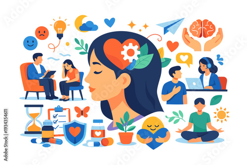 Mental health awareness and support illustration with therapy and self-care elements
