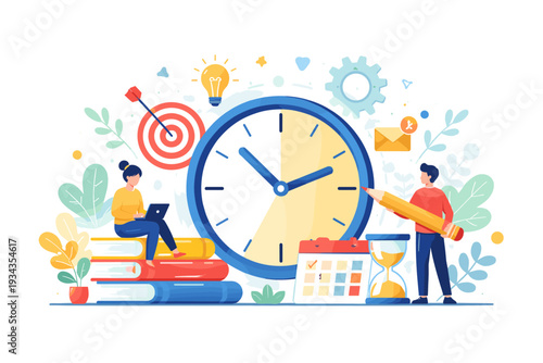 Time management illustration with characters and various productivity elements