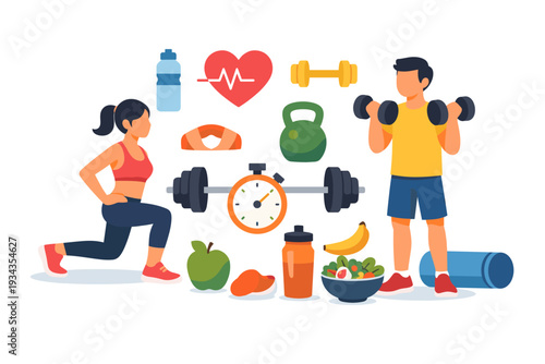 Healthy lifestyle with fitness equipment, food, and heart health symbols