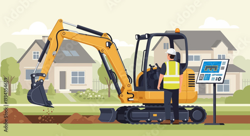 Mini Excavator Operator Working on Construction Site.