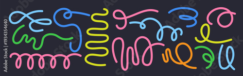 Set of colorful line shapes. Abstract pattern background with color wave shapes, design elements. Swirl vector ribbons. Fluid squiggly dynamic wavy elements for design banner flyer