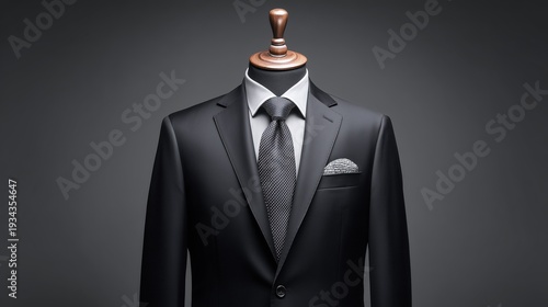 Black Formal Suit with Dotted Tie and Pocket Square on Mannequin – Classic Menswear Concept