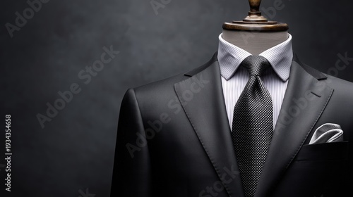 Black Formal Suit with Dotted Tie and Pocket Square on Mannequin – Classic Menswear Concept