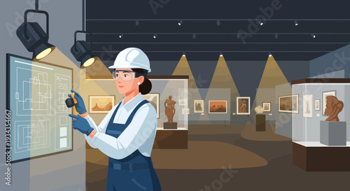 Museum worker in hard hat inspects exhibit display.