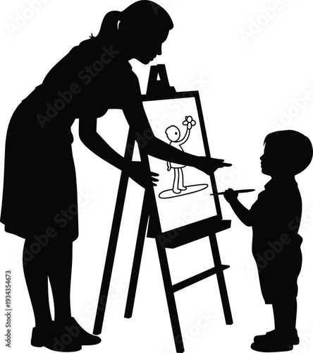 Woman and child creating art together on canvas