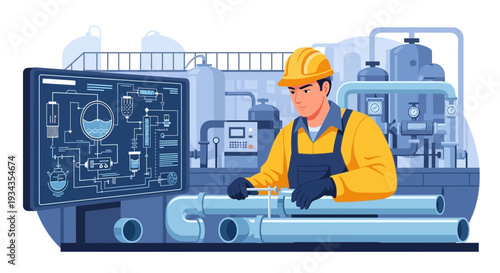 Plumber Inspecting Industrial Pipes and Control Panel.