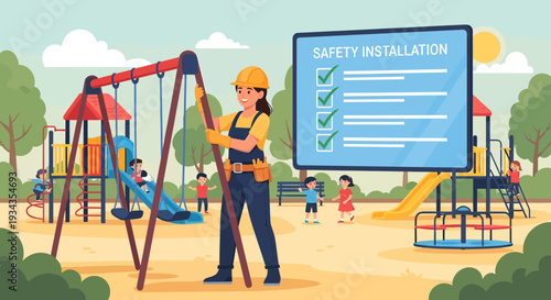 Playground safety inspector checking equipment installation checklist.