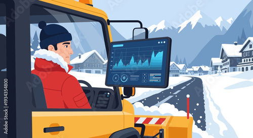 Snow plow driver monitoring data on screen.