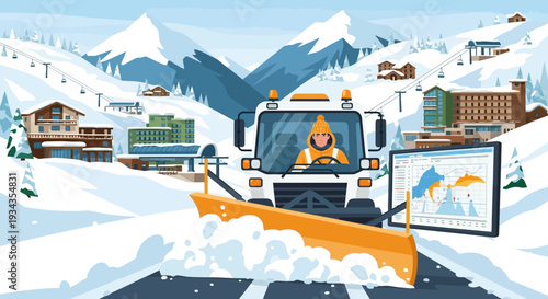 Snow plow truck clearing road in winter mountains.