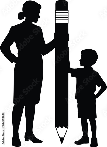 Woman and child standing with giant pencil between them