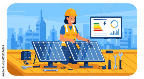 Solar panel technician installing renewable energy equipment.