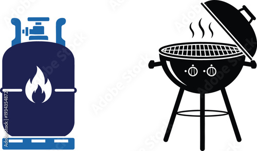 Gas Cylinder with Flame Icon and Charcoal Barbecue Grill Symbol Representing Outdoor Cooking, Fuel Supply, Camping Equipment, and BBQ Party Concepts