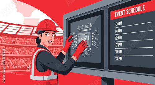 Technician working on a large digital display screen.