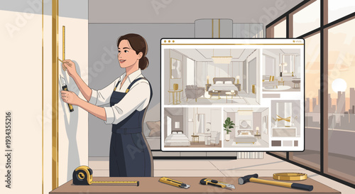 Woman interior designer planning a room layout on a blueprint.