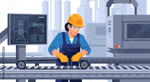 Woman worker operating machinery on a factory production line.