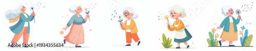 vector of a grandma blowing dandelion flowers in spring