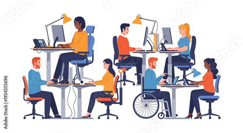 Diverse Workforce in Modern Office: Inclusive Team Collaboration, Productivity, and Ergonomics
