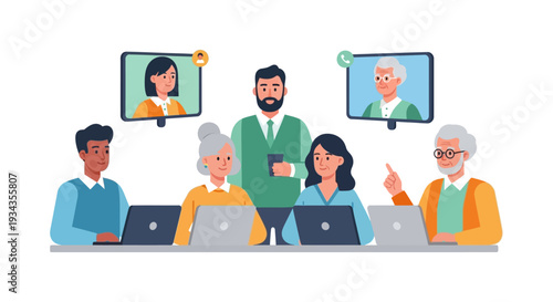 Diverse Group in Hybrid Online Meeting: Video Conference, Laptops & Digital Collaboration. Remote Work & Education.