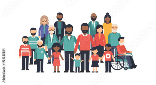 Diverse Community Group: Inclusive Multiethnic & Multigenerational People Standing Together - Flat Vector Illustration