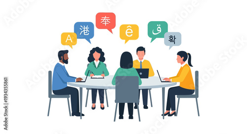 Global Team Meeting with Multilingual Speech Bubbles Symbolizing International Communication, Translation, and Cultural Diversity