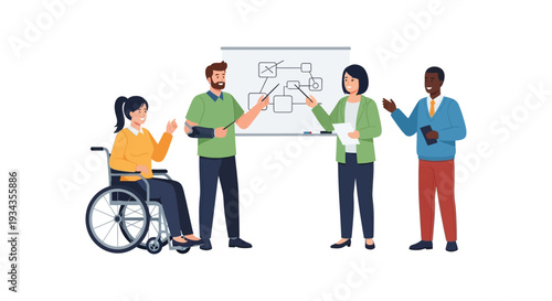 Diverse and Inclusive Business Team Collaborating on Project with Whiteboard Presentation