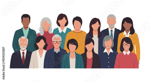 Diverse and Inclusive Multi-Generational Group of People. Flat Vector Illustration of Adults and Seniors Representing Community and Teamwork.