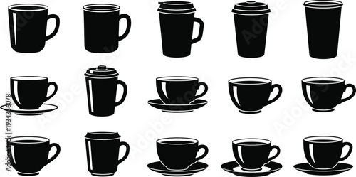 Collection of Black Coffee Cups and Mugs Vector Icons