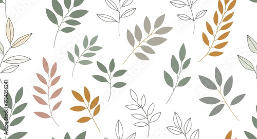 Seamless pattern of delicate botanical illustrations of leaves.