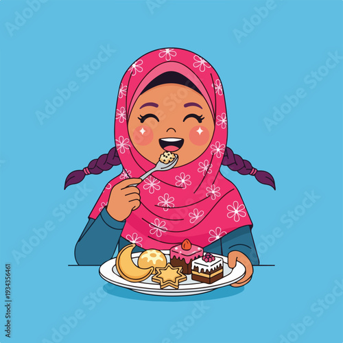 Smiling girl wearing pink headscarf eating sweet treats