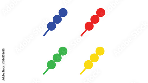 Four sets of three colorful connected circular objects on pins