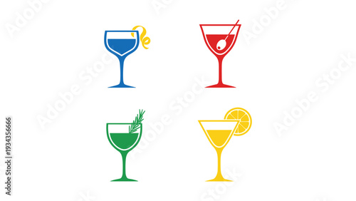 Four stylishly illustrated cocktail glasses with different colorful drinks and garnishes