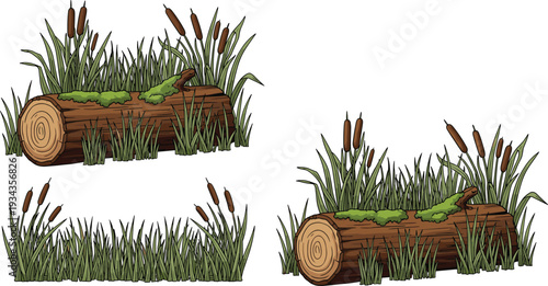Wetland Marsh Grass and Fallen Tree Log with Cattails Vector Illustration, Natural Swamp Landscape Elements Isolated on White Background