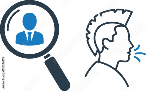 Human Resources Search Icon with Magnifying Glass Profile and Man Coughing Silhouette Representing Recruitment Screening and Respiratory Health Concepts