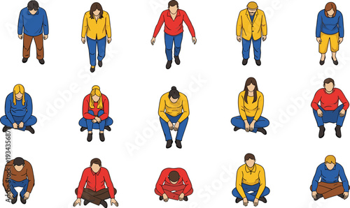 Massive vector illustration collection featuring architectural trees palms plants colorful flowers human silhouettes jumping people gorilla figures ant colony and top view sitting people.