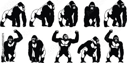 Large vector illustration collection featuring gorilla silhouettes jumping people ant colony colorful flowers and green trees for architectural landscape design and creative projects.