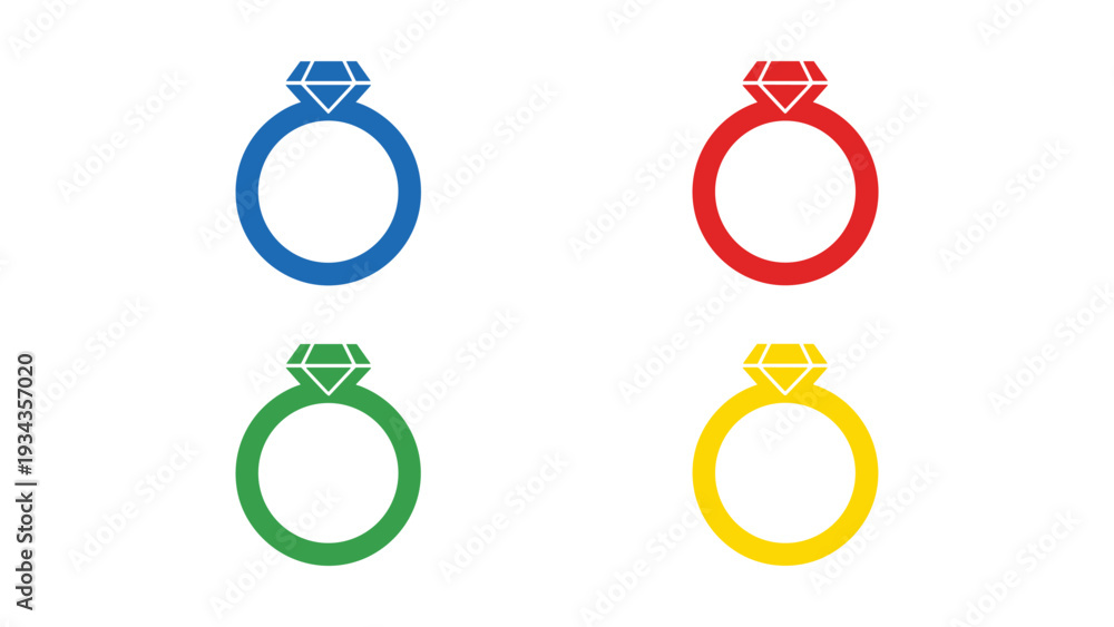 Fototapeta premium Four colorfully designed engagement rings displayed in a simple layout.