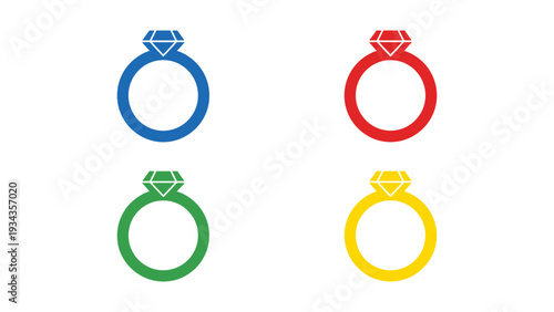 Four colorfully designed engagement rings displayed in a simple layout.
