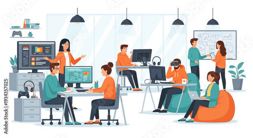 Diverse team collaborating in a modern office environment.