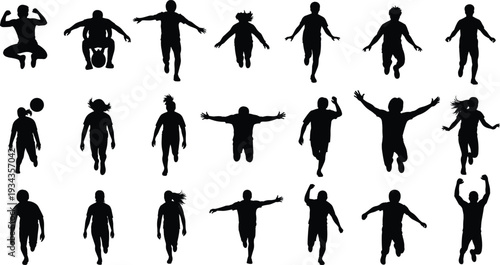 Large collection of black human silhouettes jumping running and walking along with ant insect colony and architectural tree symbols for creative graphic design.