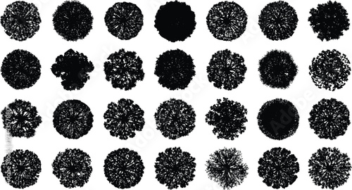 Collection of black tree silhouettes top view isolated on white background, overhead nature symbols for architectural site plan landscape design and urban mapping