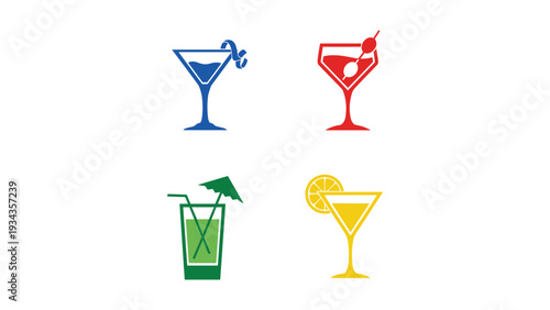 Four stylized glass icons featuring different colorful drinks with garnishes