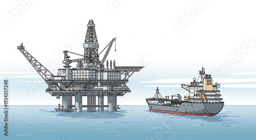 Offshore oil rig and cargo ship in the ocean.