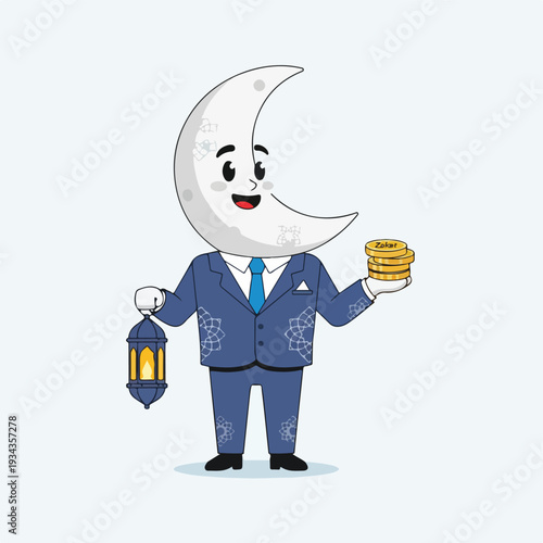 Cartoon crescent moon character in business suit holding coins and lantern