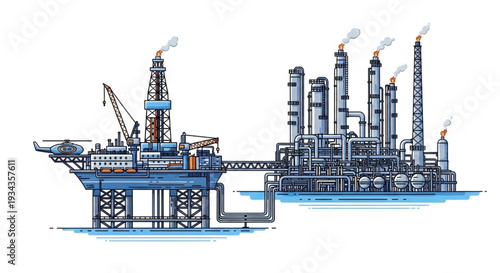 Offshore oil rig and refinery complex illustration.