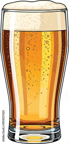 Tall glass of refreshing foamy pale ale beer stands isolated against white.